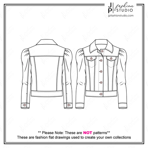 Girls Jean Jacket Sketch, Fashion Flat Sketch, Fashion Technical Drawing for Adobe Illustrator, Puff sleeves Denim Jacket CAD, Women denim jacket