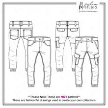 Load image into Gallery viewer, Men Jogger Pant sketches, Cargo pant, Fashion Flat Sketches, Pants Technical Drawings, Vector Fashion Templates, Boys pant sketch, Adobe Illustrator
