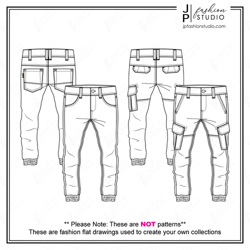 Men Jogger Pant sketches, Cargo pant, Fashion Flat Sketches, Pants Technical Drawings, Vector Fashion Templates, Boys pant sketch, Adobe Illustrator