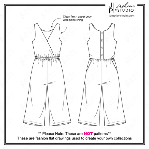 Girls Sleeveless Jumpsuit Technical Drawing, Cropped Wide Legs jumpsuit, Children's Clothing sketch, Kids Fashion Flats, Girls fashion Cad Design, vector fashion template for Adobe Illustrator, fashion croquis, kids jumpsuit design