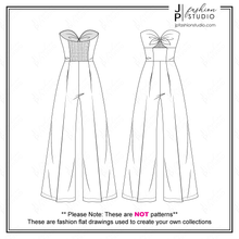 Load image into Gallery viewer, Women Wide Leg Bandeau Jumpsuit Technical Drawing, Tube Jumpsuit Fashion Flat Sketch, Fashion CAD design, Front Peekaboo with Bow Trim, smocking detail at back, strapless jumpsuit sketch
