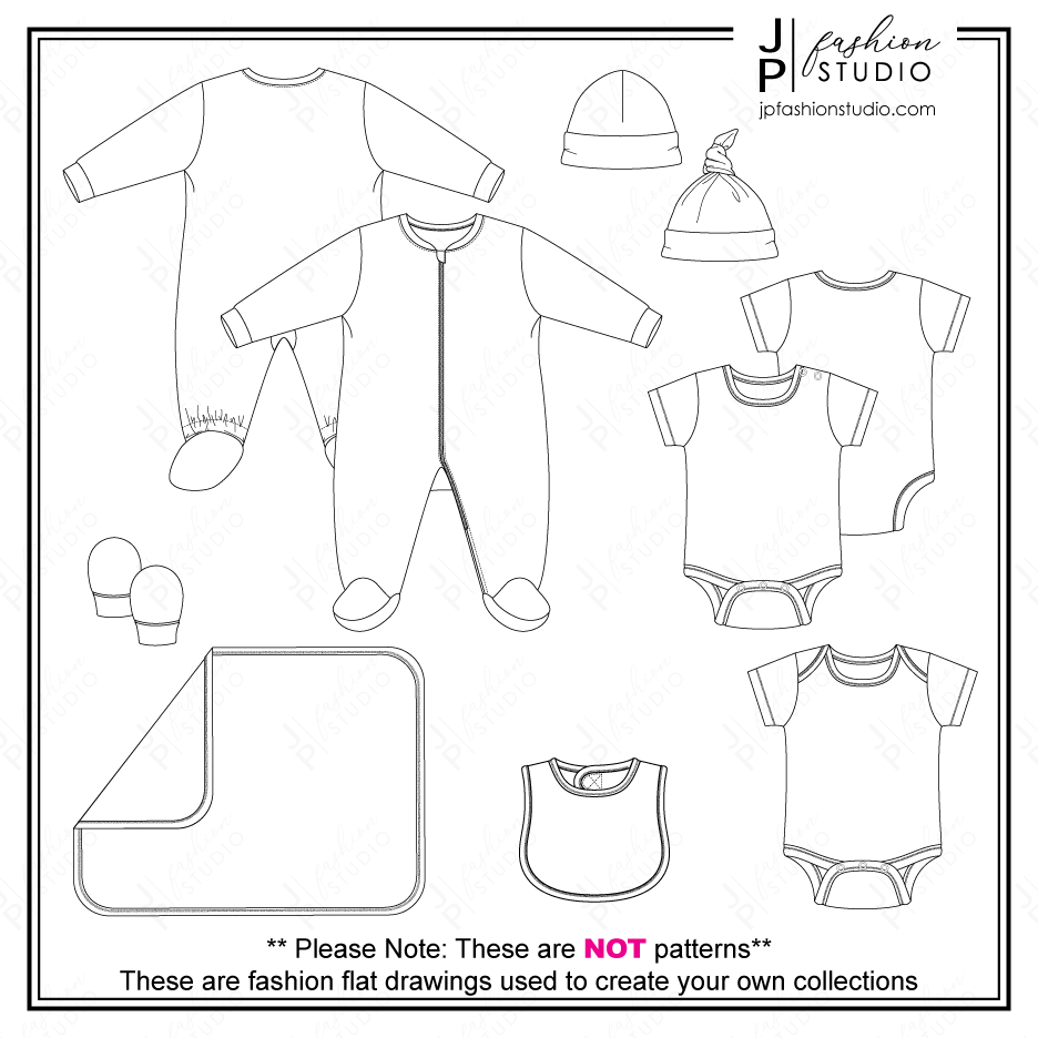 Baby Layette Sleepwear Fashion Flat Sketches / Fashion Technical Drawings Templates / Fashion design sketch bundle