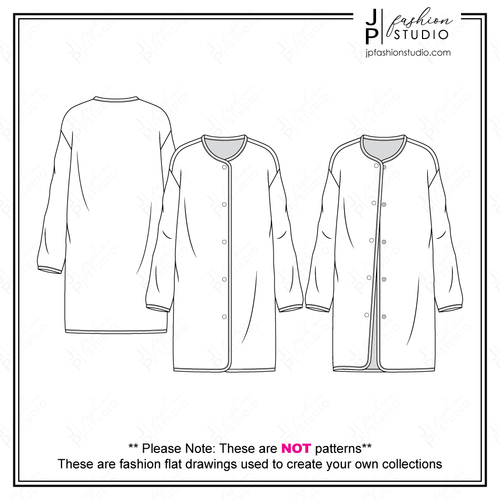 Women's Long Overcoat Fashion Flat Sketch, Fashion Technical Drawing Template, Fashion Cad design, Women's Jacket Fashion Line Art Design for Adobe Illustrator