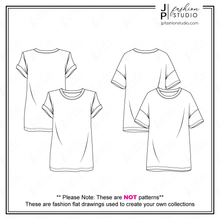 Load image into Gallery viewer, Women&#39;s T-Shirts Fashion Flat Sketches, Short Sleeves Tunic Tops Fashion Technical Drawings, Drop Shoulders Tee, Padded Shoulders top, Oversized T-shirt sketch
