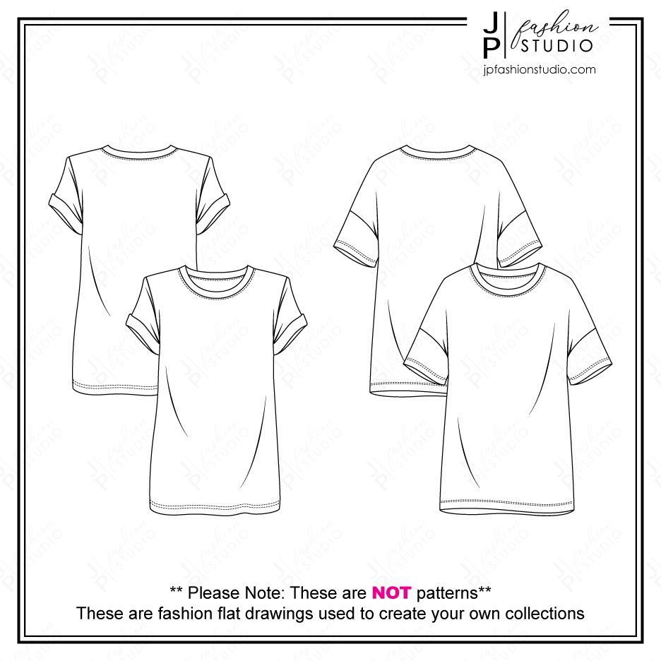 Women's T-Shirts Fashion Flat Sketches, Short Sleeves Tunic Tops Fashion Technical Drawings, Drop Shoulders Tee, Padded Shoulders top, Oversized T-shirt sketch