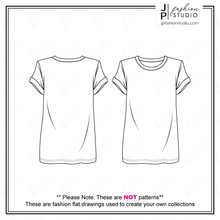 Load image into Gallery viewer, Women&#39;s T-Shirts Fashion Flat Sketches, Short Sleeves Tunic Tops Fashion Technical Drawings, Drop Shoulders Tee, Padded Shoulders top, Oversized T-shirt sketch
