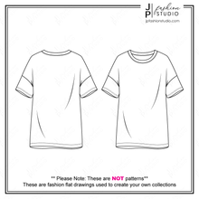 Load image into Gallery viewer, Women&#39;s T-Shirts Fashion Flat Sketches, Short Sleeves Tunic Tops Fashion Technical Drawings, Drop Shoulders Tee, Padded Shoulders top, Oversized T-shirt sketch
