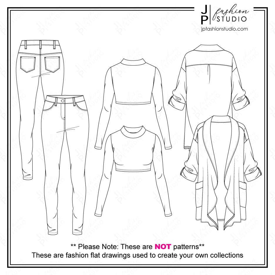 Women Casual Outfit Sketches, 3 pieces set, Fashion Flat Sketches, Fall Outfit Fashion Technical Drawings, Long Sleeves Crop Top with Mock Neck, Stretch Pant, Open Jacket, fashion design sketches, fashion figures
