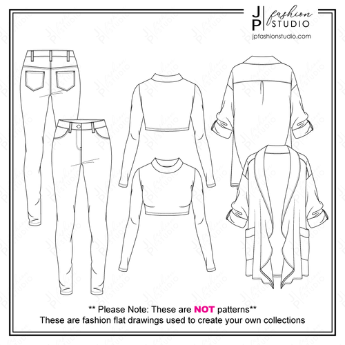Women Casual Outfit Sketches, 3 pieces set, Fashion Flat Sketches, Fall Outfit Fashion Technical Drawings, Long Sleeves Crop Top with Mock Neck, Stretch Pant, Open Jacket, fashion design sketches, fashion figures