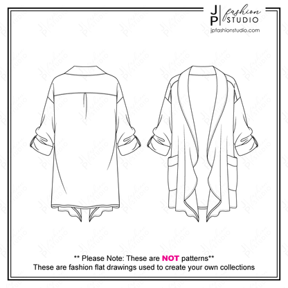 Women Casual Outfit Sketches, 3 pieces set, Fashion Flat Sketches, Fall Outfit Fashion Technical Drawings, Long Sleeves Crop Top with Mock Neck, Stretch Pant, Open Jacket, fashion design sketches, fashion figures
