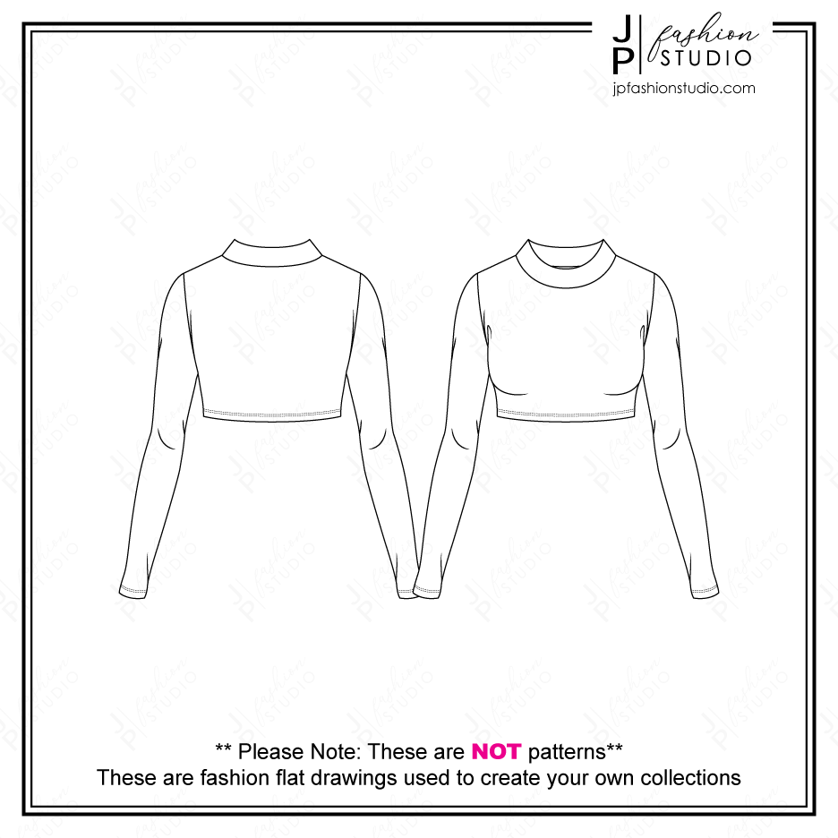 Women Casual Outfit Sketches, 3 pieces set, Fashion Flat Sketches, Fall Outfit Fashion Technical Drawings, Long Sleeves Crop Top with Mock Neck, Stretch Pant, Open Jacket, fashion design sketches, fashion figures