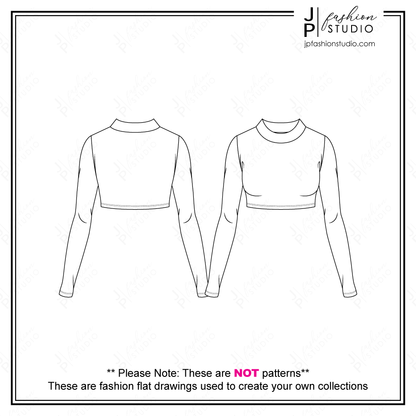 Women Casual Outfit Sketches, 3 pieces set, Fashion Flat Sketches, Fall Outfit Fashion Technical Drawings, Long Sleeves Crop Top with Mock Neck, Stretch Pant, Open Jacket, fashion design sketches, fashion figures