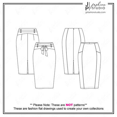 Women Pencil Skirts Sketches, Fashion Flat Sketches, Skirts Technical Drawings for Adobe Illustrator, fitted skirt, belted skirt, high waist skirt