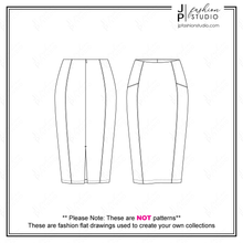 Load image into Gallery viewer, Women Pencil Skirts Sketches, Fashion Flat Sketches, Skirts Technical Drawings for Adobe Illustrator, fitted skirt, belted skirt, high waist skirt
