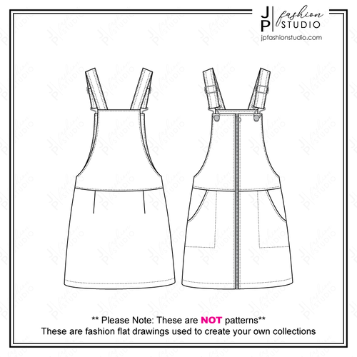 Girls Pinafore Dress Fashion Flat Sketch, Kids Jumper Dress Fashion Technical Drawing, Vector Fashion Template for Adobe Illustrator