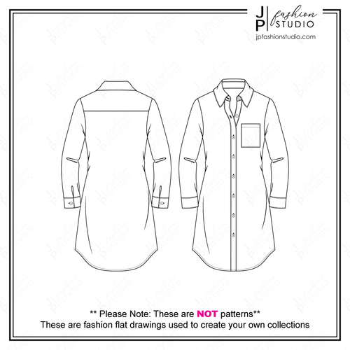 Women's Shirt Dress Fashion Flat Sketch, Blouse Sketch, fashion croquis, CAD Design, Fashion Technical Drawings, Fashion Templates, Adobe Illustrator