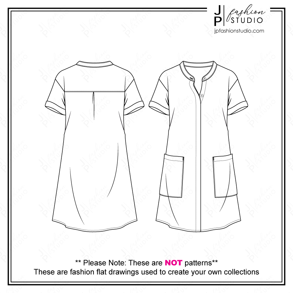 Women Shirt Dress Sketch, Mandarin Collar, Fashion Technical Drawings, Vector Fashion Flat Sketches, Long Shirt with Large pockets, shirtdress, oversized shirt, short sleeves shirt, hidden placket