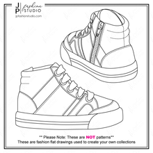 Load image into Gallery viewer, baby boys sneakers sketch, kids running shoes, fashion flat sketch, fashion croquis, fashion technical drawing, vector kids shoes
