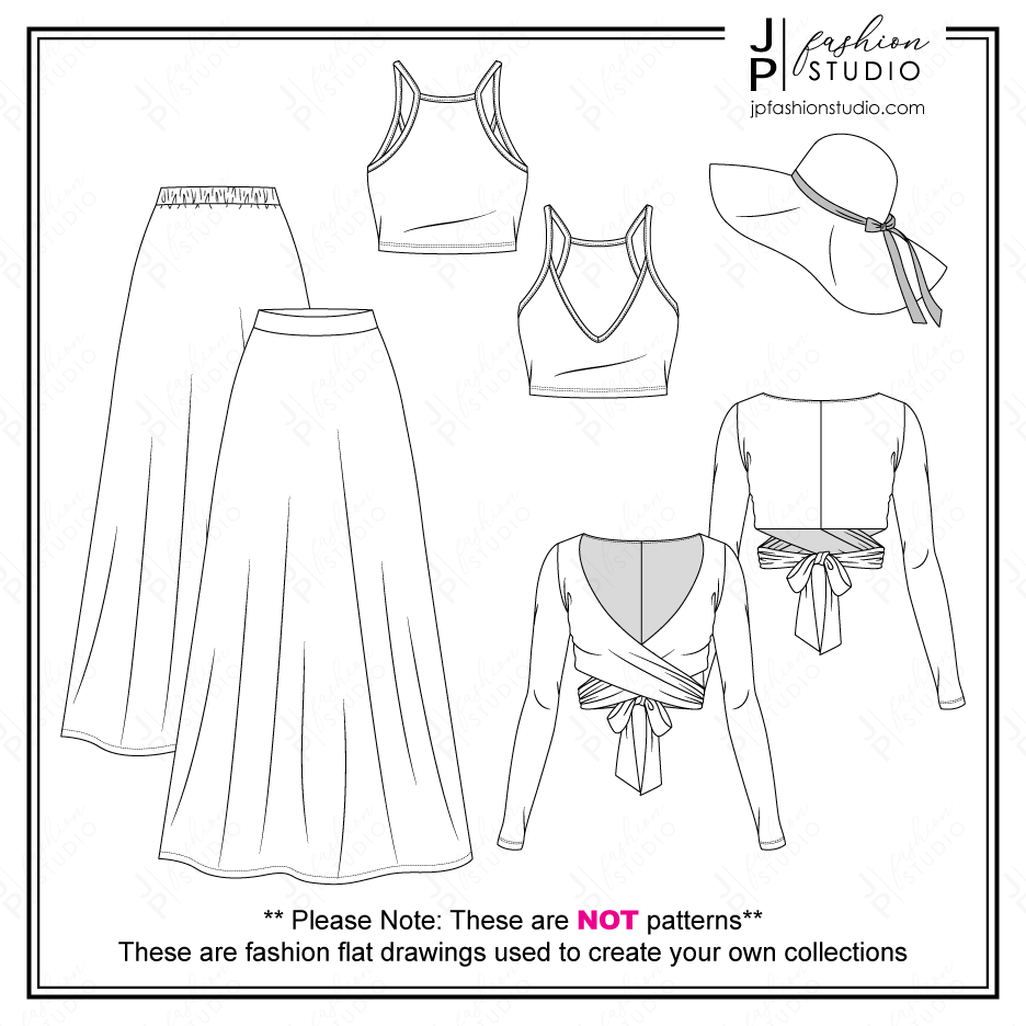 Women Summer Casual Outfit Fashion Flat Sketches, Fashion Technical Drawings, Crop Tank Top and Long Sleeves Wrap Top, Maxi Skirt, Wide Brim Hat, Women Fashion CAD design for Adobe Illustrator