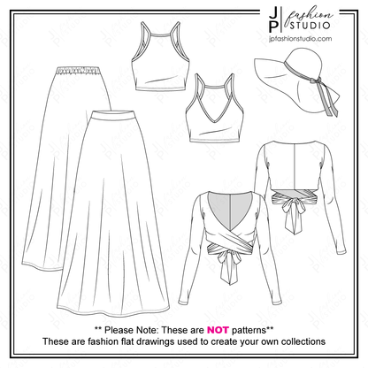 Women Summer Casual Outfit Fashion Flat Sketches, Fashion Technical Drawings, Crop Tank Top and Long Sleeves Wrap Top, Maxi Skirt, Wide Brim Hat, Women Fashion CAD design for Adobe Illustrator