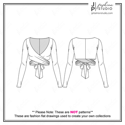 Women Summer Casual Outfit Fashion Flat Sketches, Fashion Technical Drawings, Crop Tank Top and Long Sleeves Wrap Top, Maxi Skirt, Wide Brim Hat, Women Fashion CAD design for Adobe Illustrator