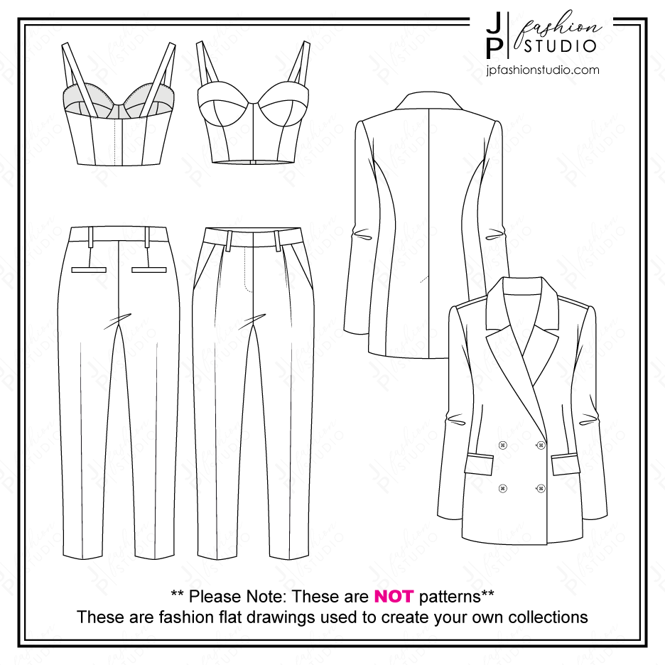 Women Suit Outfit Fashion Flat Sketches / Business casual / Bridal Suit / Chic Classy Pantsuit Technical Drawings for Adobe Illustrator. Oversized Blazer Jacket Double Breasted, Bustier Corset Cropped Top and Women's Trousers. 