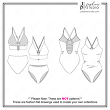 Load image into Gallery viewer, Women&#39;s Swimsuit Sketch, Fashion Flat Sketches, Swimwear Technical Drawings, Bikini Set Sketch, One-piece swimsuit fashion flat, CADs for Adobe Illustrator
