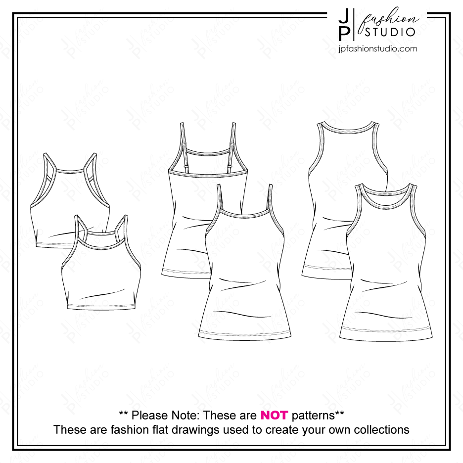 Women Tank Top Sketch, Fashion CADs, Fashion Technical Drawing, Fashion Flat Sketches for Adobe Illustrator, Crop Top, spaghetti strap tank top, camisole sketch