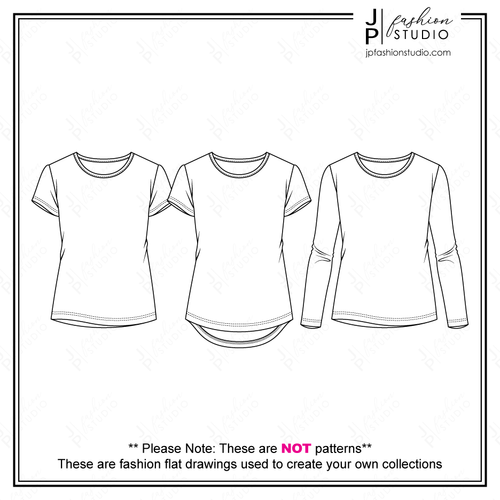 Women t-shirt sketch, Fashion Flat Sketch, T-shirt Technical Drawing, Fashion Vector Template, Short sleeves tee, Long Sleeves top, Fitted top, Adobe Illustrator