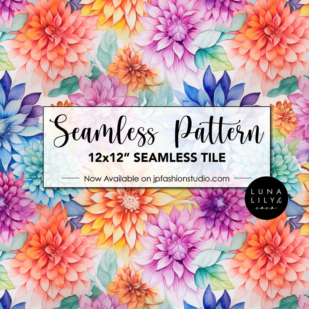 Colorful Watercolor Floral Seamless Pattern Tile, Abstract Dahlia Flowers, Floral Seamless Digital Pattern, Rainbow Flowers, Seamless Repeat, Seamless Tile, Digital Paper, Instant Digital Download  - Repeating Pattern - 300 DPI Resolution