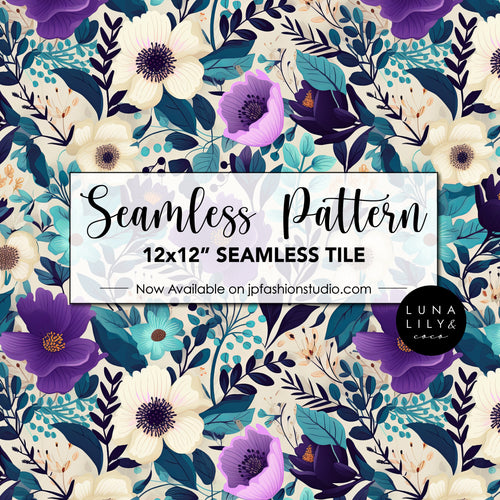 Floral Seamless Pattern Tile, Purple Cream and Teal Floral Print, Colorful flowers, Floral Seamless Digital Pattern, Seamless Repeat, Seamless Tile, Digital Paper, Instant Digital Download  - Repeating Pattern - 300 DPI Resolution