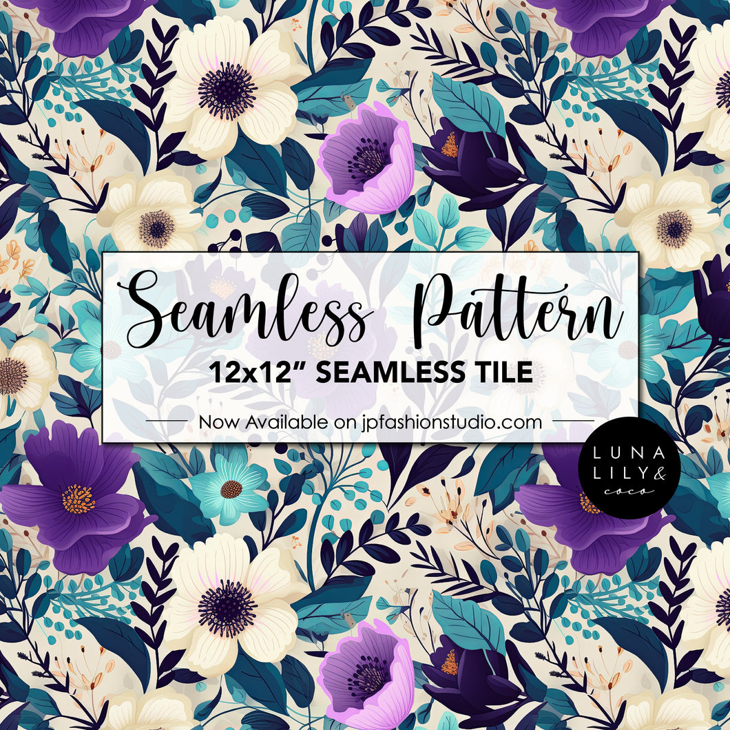 Floral Seamless Pattern Tile, Purple Cream and Teal Floral Print, Colorful flowers, Floral Seamless Digital Pattern, Seamless Repeat, Seamless Tile, Digital Paper, Instant Digital Download  - Repeating Pattern - 300 DPI Resolution