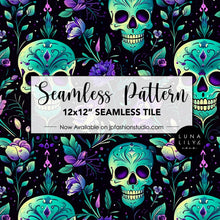 Load image into Gallery viewer, Sugar Skull Pattern, Spooky Halloween Seamless File, Floral Skull Seamless Pattern Tile, Digital Pattern, Commercial Use, Seamless Repeat, Seamless Tile, Digital Paper, Instant Digital Download  - Repeating Pattern - 300 DPI Resolution
