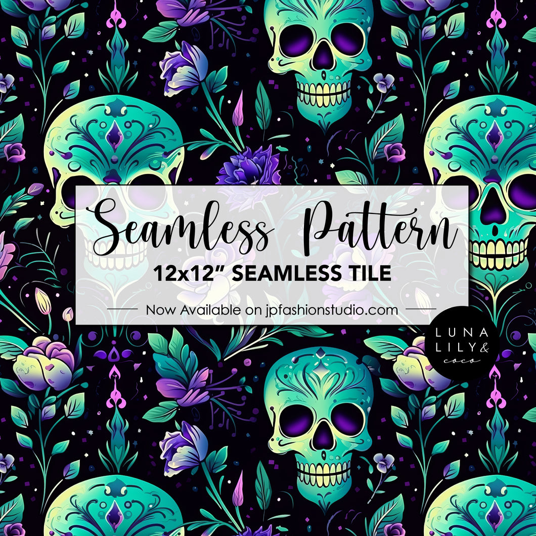 Sugar Skull Pattern, Spooky Halloween Seamless File, Floral Skull Seamless Pattern Tile, Digital Pattern, Commercial Use, Seamless Repeat, Seamless Tile, Digital Paper, Instant Digital Download  - Repeating Pattern - 300 DPI Resolution