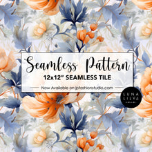 Load image into Gallery viewer, Abstract Floral Seamless Pattern Tile, Blue and Orange Flowers, Floral Seamless Digital Pattern, Flower Tile Pattern, Seamless Repeat, Seamless Tile, Digital Paper, Instant Digital Download  - Repeating Pattern - 300 DPI Resolution
