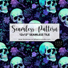 Load image into Gallery viewer, Halloween Skull Pattern, Creepy Halloween Seamless File, Floral Skull Seamless Pattern Tile, Purple and Teal Pattern, Black Background Pattern, Digital Pattern, Commercial Use, Seamless Repeat, Seamless Tile, Digital Paper, Instant Digital Download  - Repeating Pattern - 300 DPI Resolution
