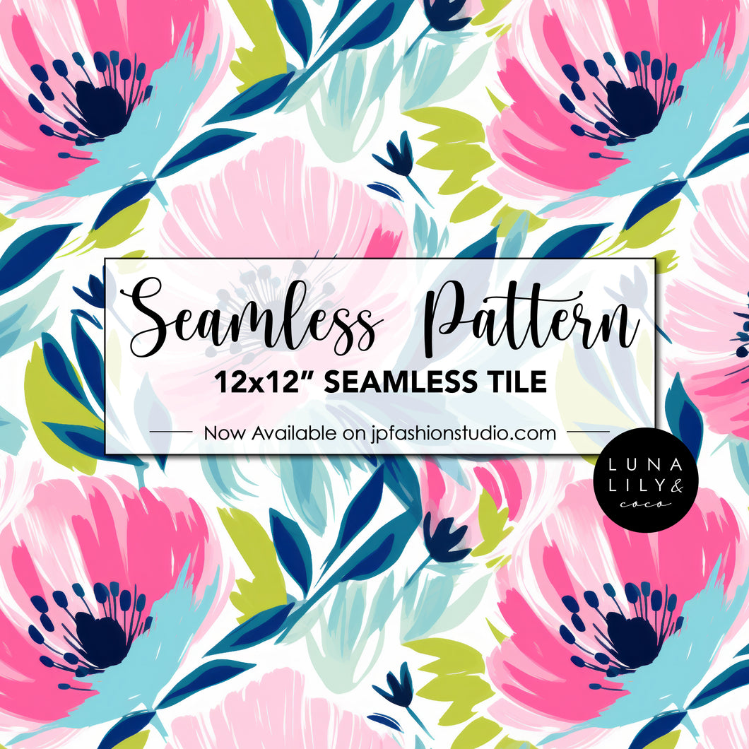 Abstract Floral Seamless Pattern Tile, Pink and Blue Flowers, Floral Seamless Digital Pattern, Colorful Flowers, Seamless Repeat, Seamless Tile, Digital Paper, Instant Digital Download  - Repeating Pattern - 300 DPI Resolution