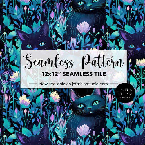 Black Cat Seamless Pattern, Halloween Seamless File, Floral Cat Seamless Pattern Tile, Purple and Teal Pattern, Black Background Pattern, Digital Pattern, Commercial Use, Seamless Repeat, Seamless Tile, Digital Paper, Instant Digital Download  - Repeating Pattern - 300 DPI Resolution