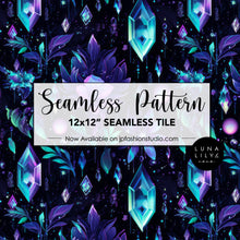 Load image into Gallery viewer, Crystal Seamless Pattern Tile, Mystical Crystals, Floral Gemstone Seamless Pattern Tile, Purple and Teal Pattern, Black Background Pattern, Digital Pattern, Commercial Use, Seamless Repeat, Seamless Tile, Digital Paper, Instant Digital Download  - Repeating Pattern - 300 DPI Resolution
