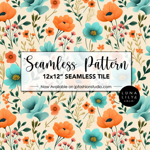 Abstract Floral Seamless Pattern Tile, Aqua and Orange Flowers, Cream Background, Floral Seamless Digital Pattern, Flower Tile Pattern, Seamless Repeat, Seamless Tile, Digital Paper, Instant Digital Download  - Repeating Pattern - 300 DPI Resolution