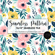 Load image into Gallery viewer, Abstract Floral Seamless Pattern Tile, Aquamarine Flowers, Yellow Flowers, Pink Flowers, White Background Pattern, Floral Seamless Digital Pattern, Seamless Repeat, Seamless Tile, Digital Paper, Instant Digital Download  - Repeating Pattern - 300 DPI Resolution
