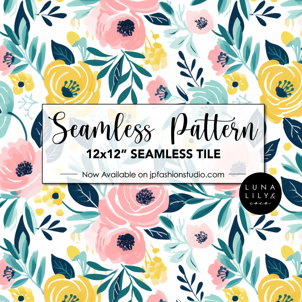 Abstract Floral Seamless Pattern Tile, Aquamarine Flowers, Yellow Flowers, Pink Flowers, White Background Pattern, Floral Seamless Digital Pattern, Seamless Repeat, Seamless Tile, Digital Paper, Instant Digital Download  - Repeating Pattern - 300 DPI Resolution