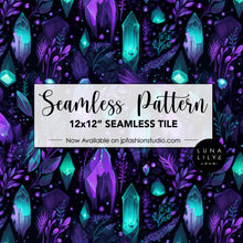 Load image into Gallery viewer, Watercolor Crystal Seamless Pattern Tile, Mystical Crystals, Floral Gemstone Seamless Pattern Tile, Purple and Teal Pattern, Black Background Pattern, Digital Pattern, Commercial Use, Seamless Repeat, Seamless Files, Digital Paper, Instant Digital Download  - Repeating Pattern - 300 DPI Resolution
