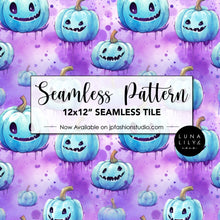 Load image into Gallery viewer, Halloween Pumpkin Pattern, Blue Pumpkins, Halloween Seamless Pattern, Pumpkin Seamless Pattern Tile, Spooky Halloween, Fall Seamless Pattern, Autumn Seamless Pattern, Digital Pattern, Commercial Use, Seamless Repeat, Seamless Tile, Digital Paper, Instant Digital Download  - Repeating Pattern - 300 DPI Resolution
