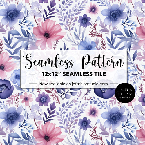 Abstract Floral Seamless Pattern Tile, Pink Blue and Purple Watercolor Flowers, Floral Seamless Digital Pattern, White Background Print, Digital Download, Commercial Use, Seamless Repeat, Seamless Files, Digital Paper, Instant Digital Download  - Repeating Pattern - 300 DPI Resolution