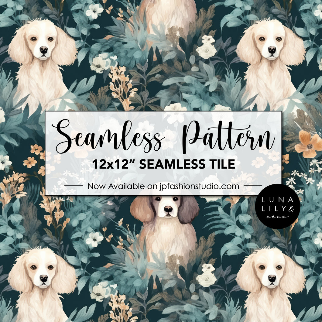 Floral Dog Seamless Pattern Tile, Cute Dog Seamless Pattern, Floral Seamless Digital Pattern, Dog and Flowers, Small Dogs, Teal Blue Background Pattern, Seamless Repeat, Seamless Tile, Digital Paper, Instant Digital Download  - Repeating Pattern - 300 DPI Resolution