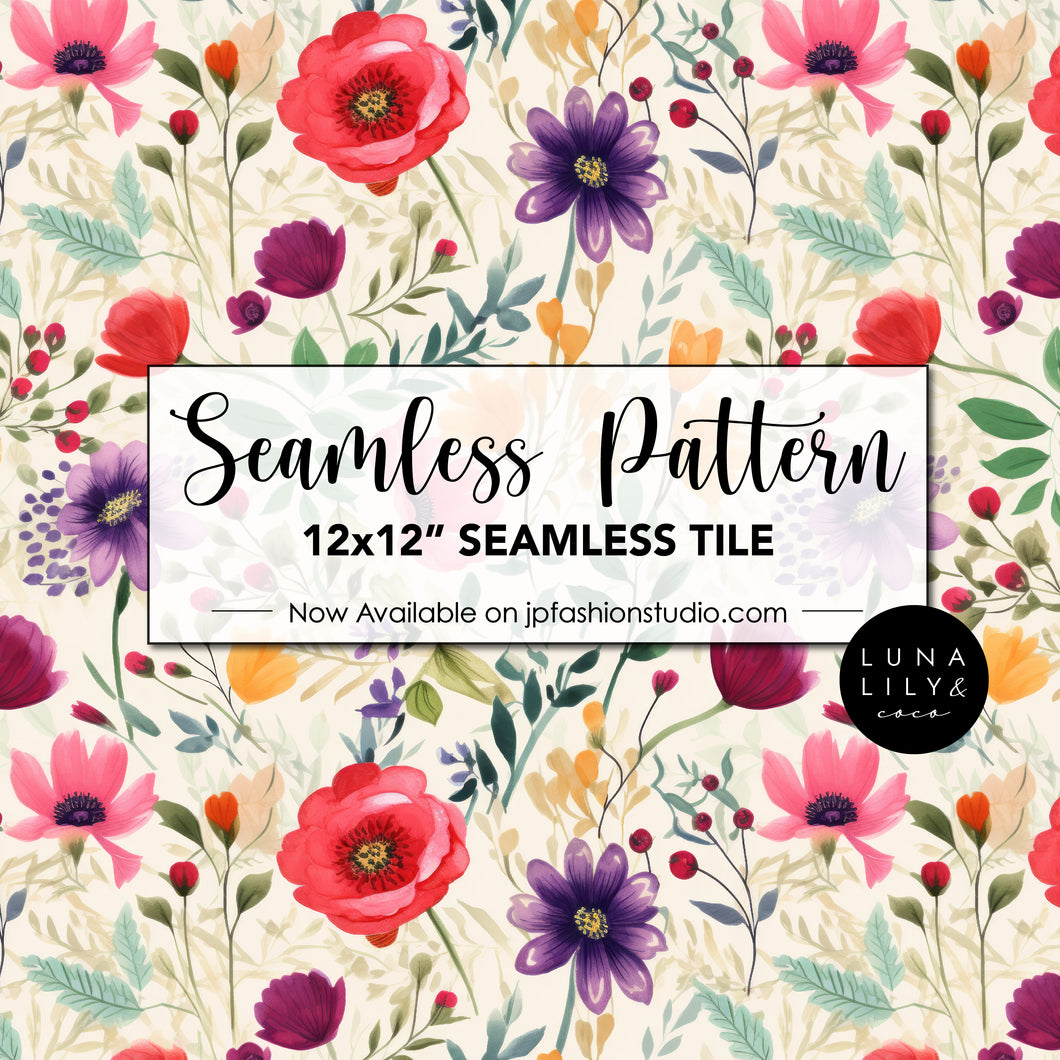 Abstract Floral Seamless Pattern Tile, Colorful Flowers, Cream Background Floral Pattern, Floral Seamless Digital Pattern, Flower Tile Pattern, Seamless Repeat, Seamless Tile, Digital Paper, Instant Digital Download  - Repeating Pattern - 300 DPI Resolution