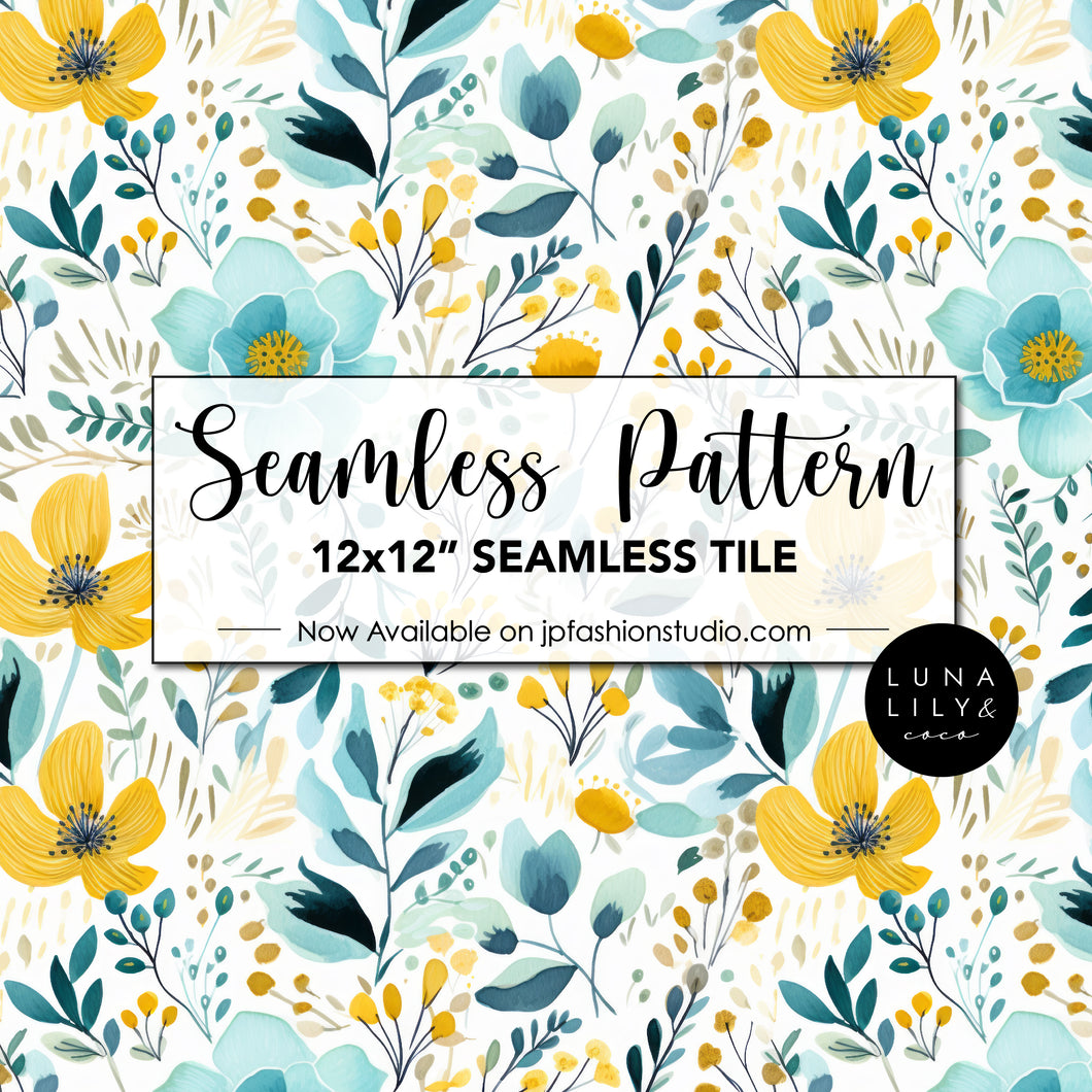 Watercolor Floral Seamless Pattern Tile, Floral Seamless Digital Pattern, Blue and Yellow flowers, Watercolor Seamless Pattern, Soft Watercolor Print, Watercolor Flowers, Seamless Repeat, Seamless Tile, Digital Paper, Instant Digital Download  - Repeating Pattern - 300 DPI Resolution