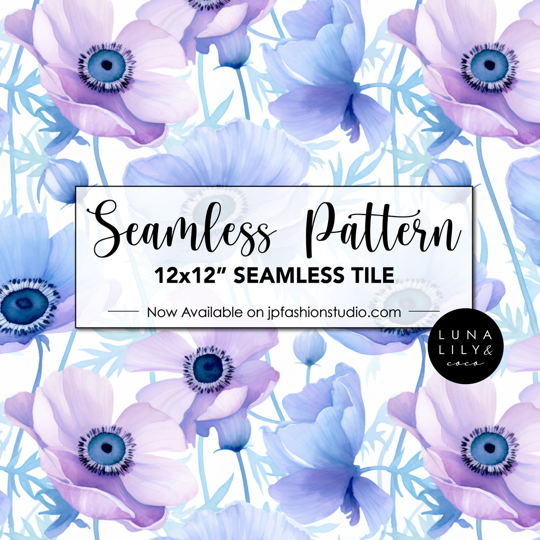 Watercolor Anemone Seamless Pattern Tile, Watercolor Flowers, Floral Seamless Pattern Tile, Floral Seamless Digital Pattern, Abstract Floral Seamless Pattern Tile, Pink Anemone, Blue Anemone, White Background Print, Digital Download, Commercial Use, Seamless Repeat, Seamless Files, Digital Paper, Instant Digital Download  - Repeating Pattern - 300 DPI Resolution