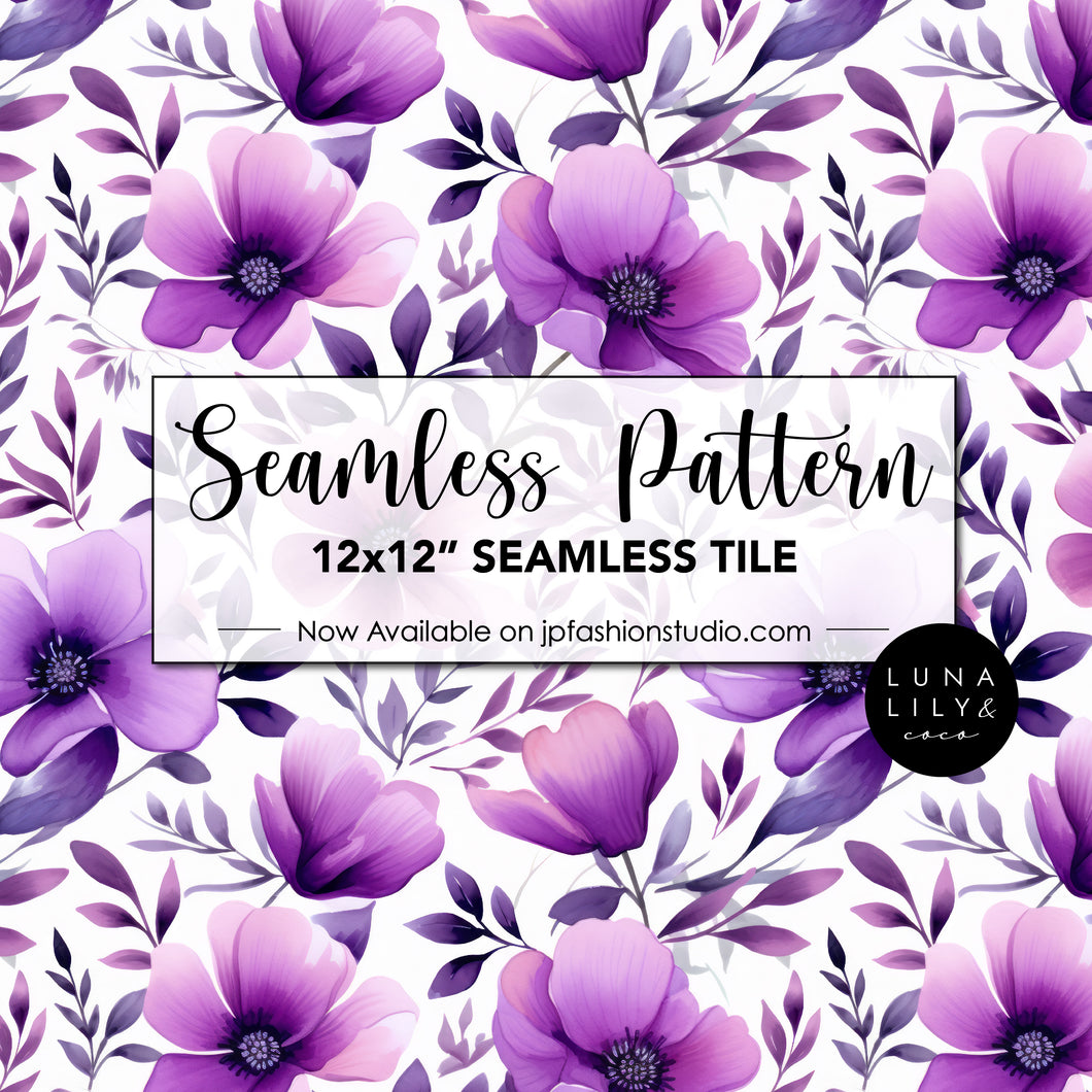 Poppy Anemone Floral Seamless Pattern Tile, Floral Seamless Digital Pattern, Purple Flowers, Watercolor Flowers, Colorful Floral Print, Seamless Repeat, Seamless Tile, Digital Paper, Instant Digital Download  - Repeating Pattern - 300 DPI Resolution